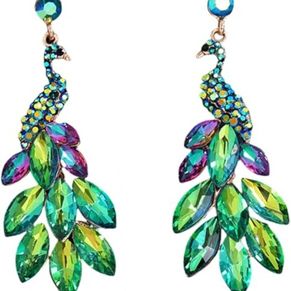Peacock Dangle Earrings 14K Gold Plated Multicolors Crystal Feather - Picture 10 of 11